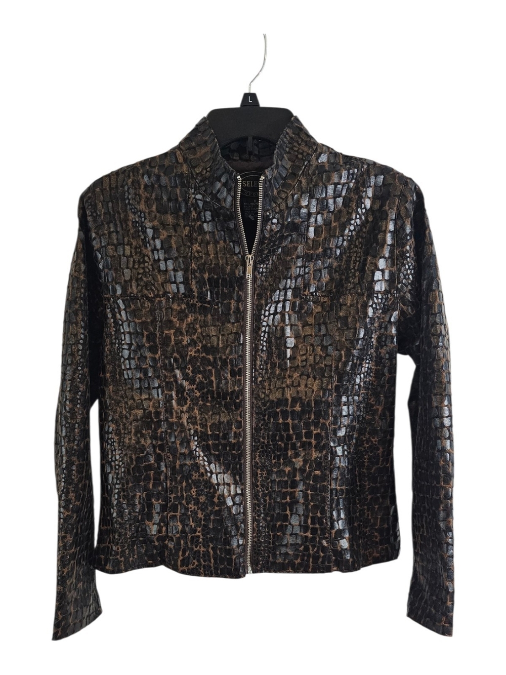 Selene Sport Faux Croc-Textured Zip Jacket in Black and Brown Size 8